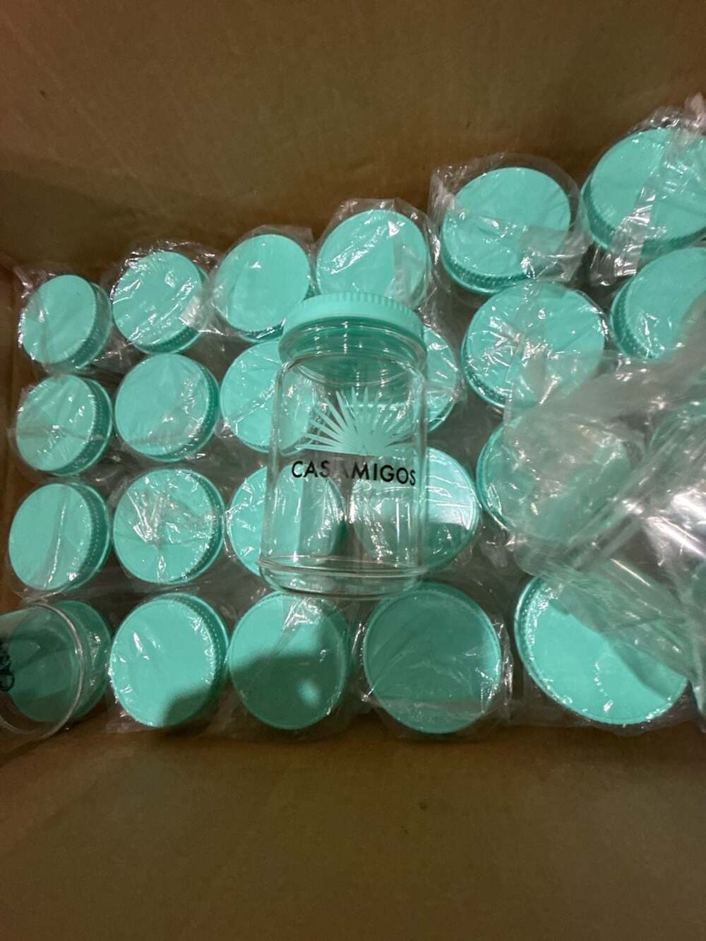 Casamigos Branded Turquoise Lid Glass Jars, Set of 27